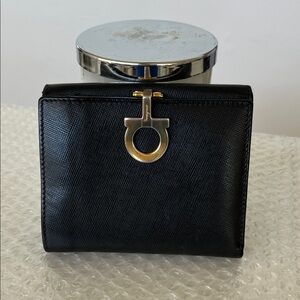 Ferragamo Black Leather Compact Gancini Wallet